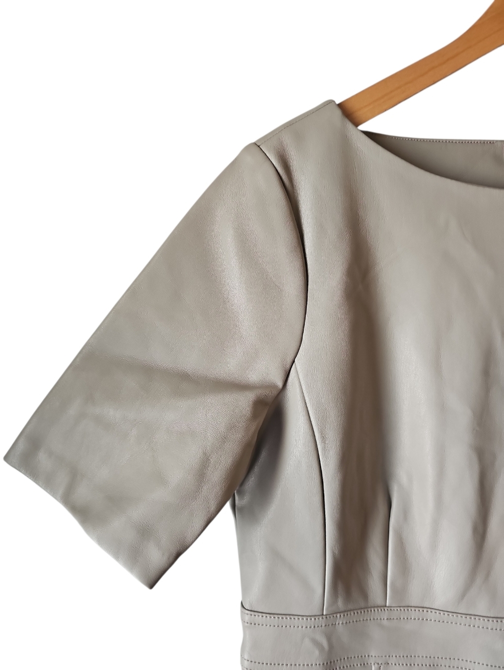 Ann Taylor Faux Leathwr Women's Taupe Gray Short-Sleeve Sheath Dress Sz 10 - Picture 4 of 7